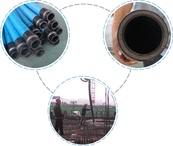 Many fabric reinforced concrete pump hoses are on the floor, the cross section of hose, several persons are pouring concrete to the roof.